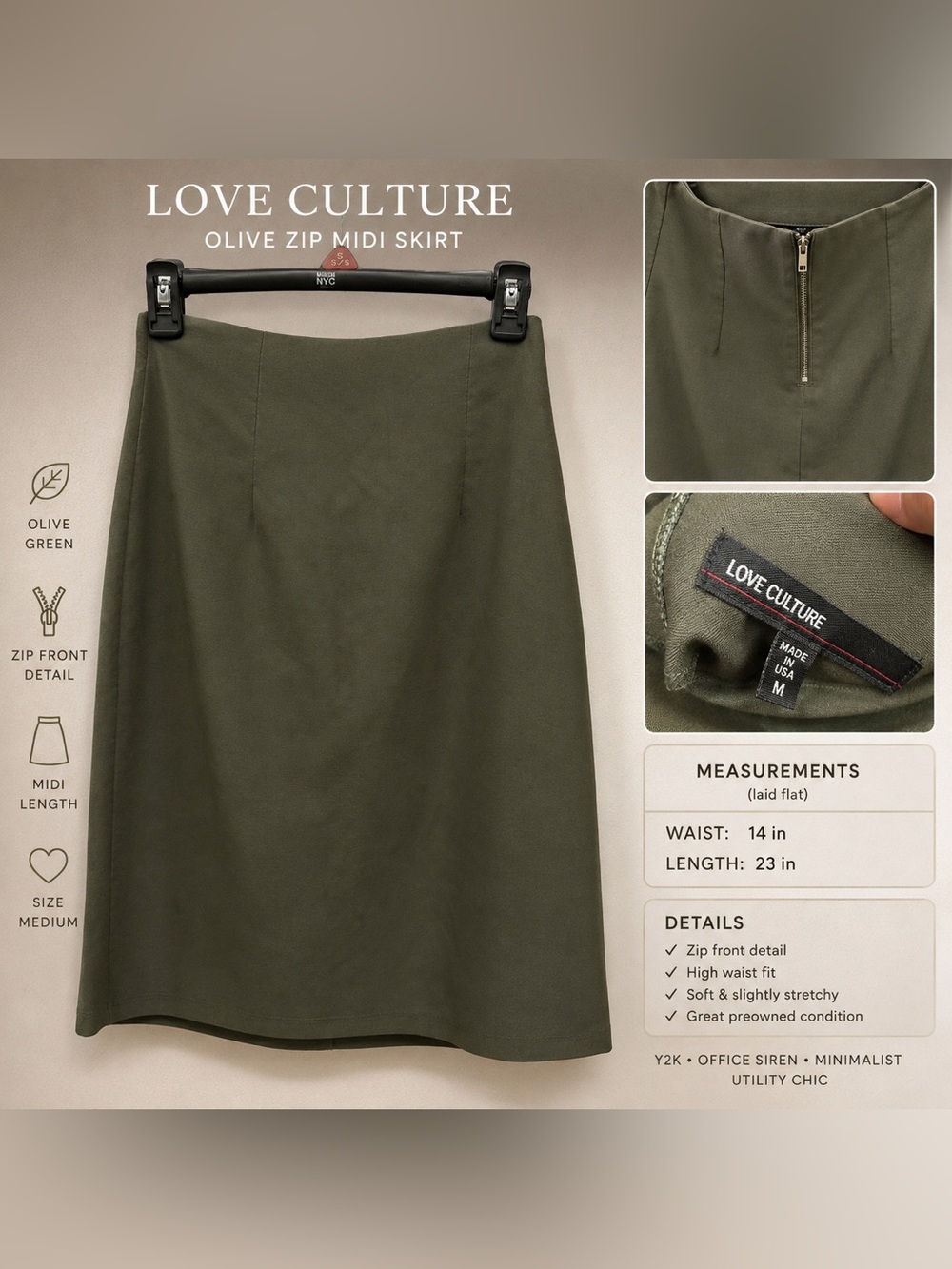 Love Culture Olive Green Midi Skirt with Front Zip
